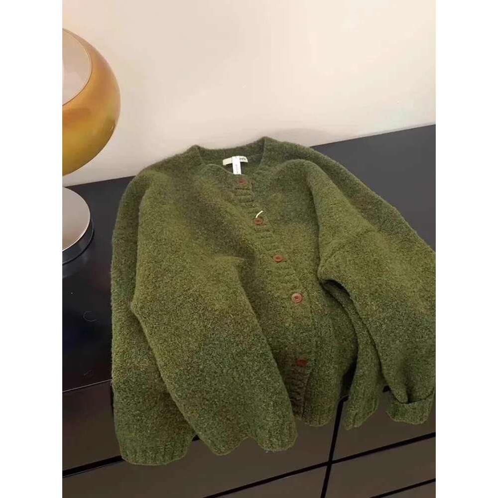 Retro Green Knitted Cardigan Women's New Autumn/Winter Round Neck Single Breasted Soft Thick Sweater Loose Casual Commuting Coat