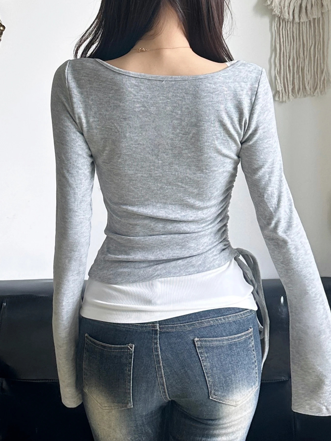 IAMSURE Casual Slim Bandage T Shirt 2 Piece Sweet Square Collar Long Sleeve Tees Women Autumn Spring Fashion Streetwear 250707