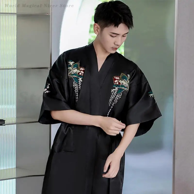 Mens Kimono Bathrobe Spring Summer Satin Sleepwear Loose Comfortable Male Nightwear Home Clothes Mid Length Casual Robe Pajama 250710