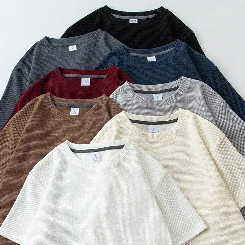 Waffle Short Sleeved Tshirt for Men and Women Summer Japanese Round Neck Half Top Loose Casual Solid Color 250707