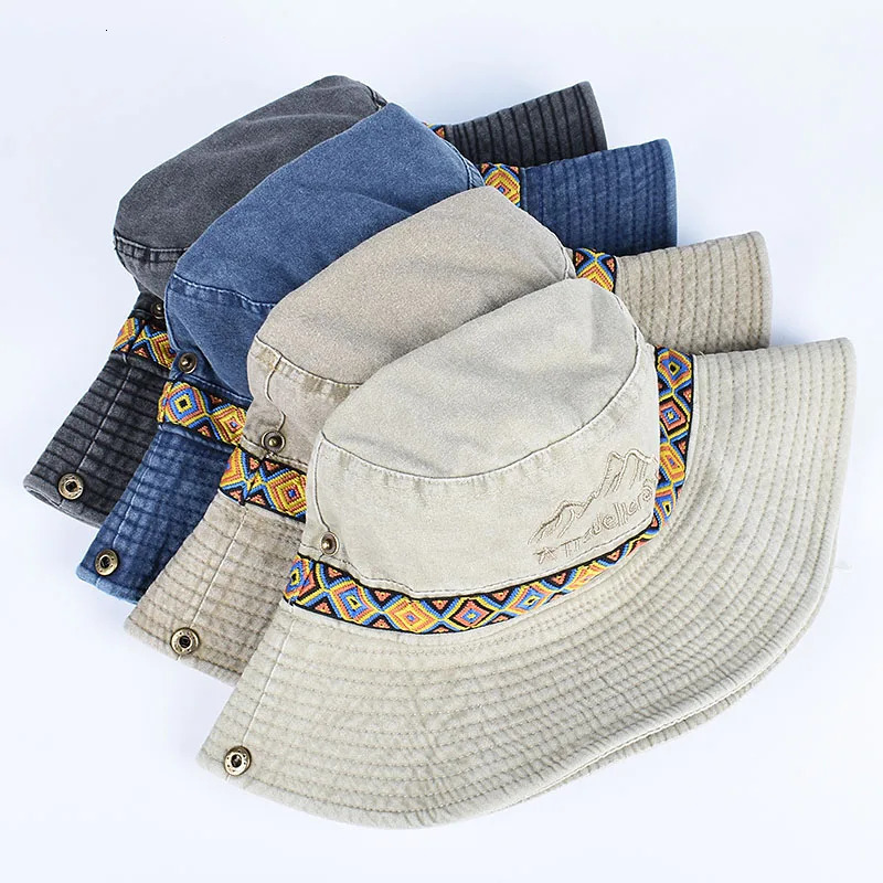 Outdoor Sun Hat Woman Bucket Hat Man Cotton Embroidered Vintage Beach Waterproof Fisherman Fishing Cap Summer Foldable Bob Man 250711