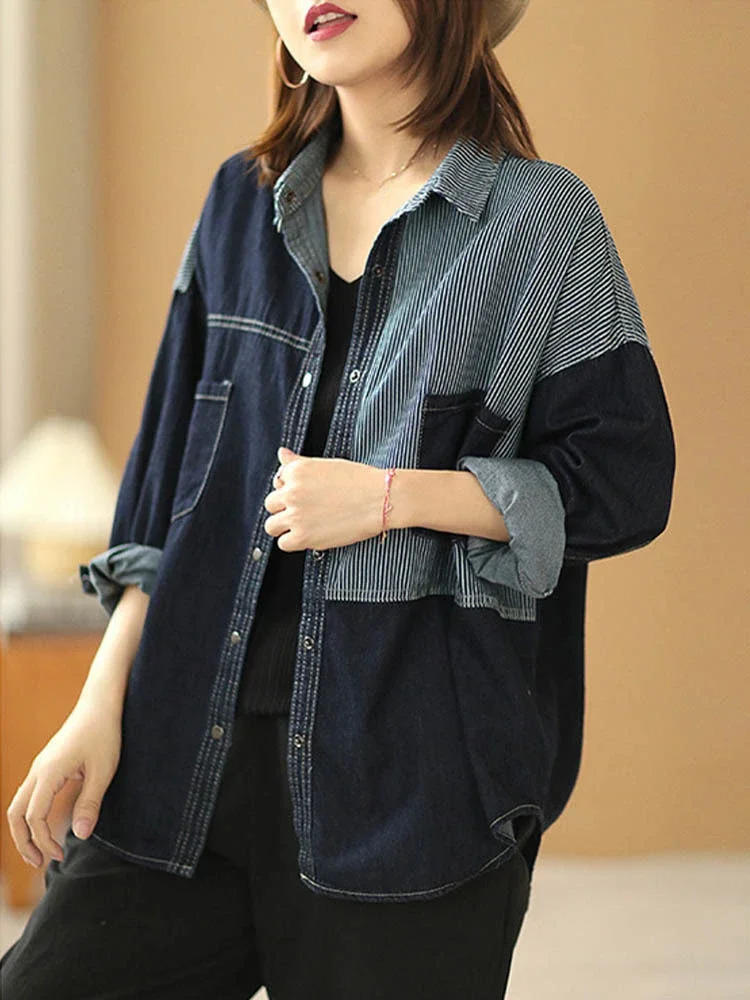 Amax luluE Korean Spring Womens Fashion Striped Denim Shirts Ladies Classic Casual Loose Blouses Vintage Patchwork Tops 250704