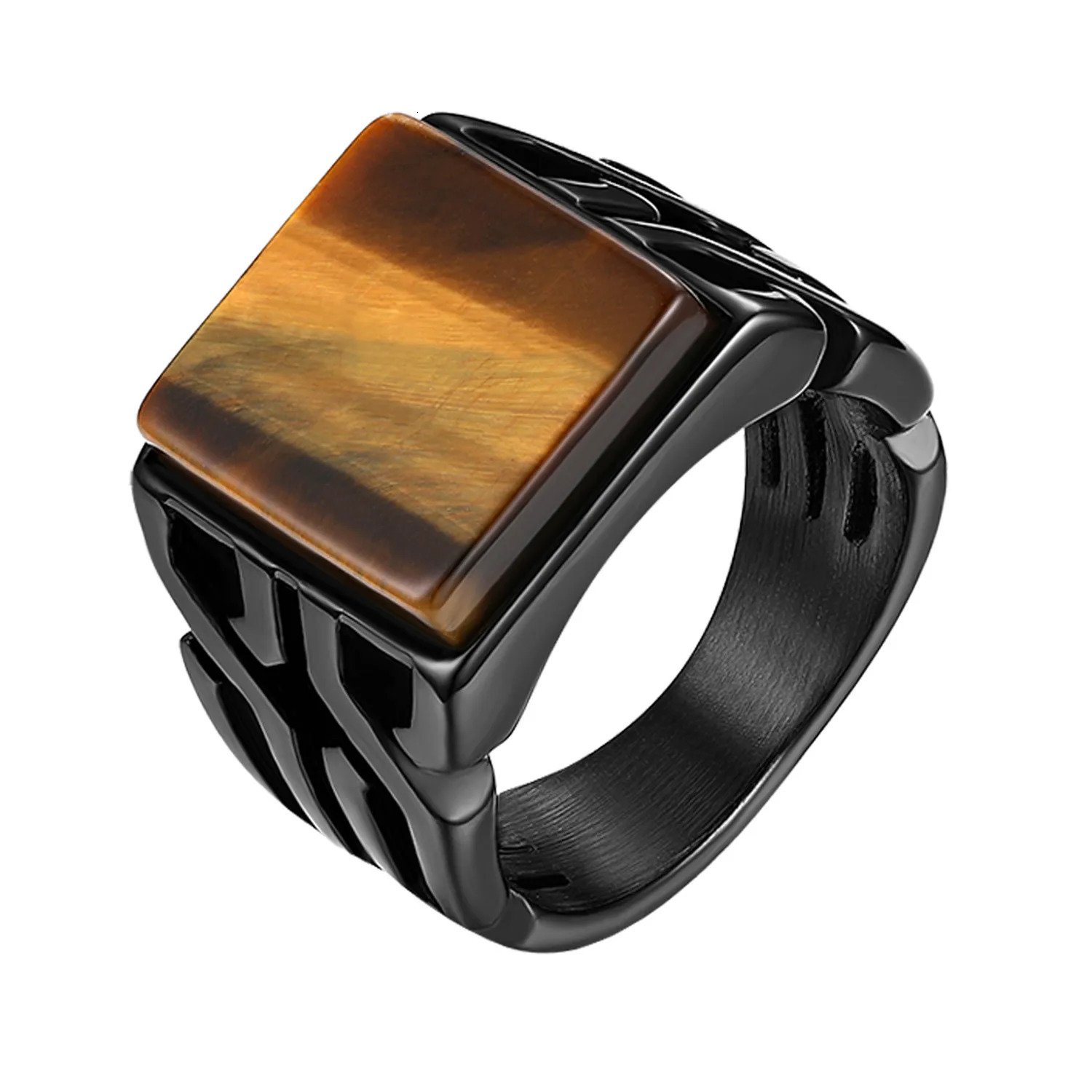 BONISKISS Vintage Mens Ring Tiger Eye Stone Punk Classic Black Color Ring Male Stainless Steel Ring Bijoux Aneis Jewelry Gift 250708
