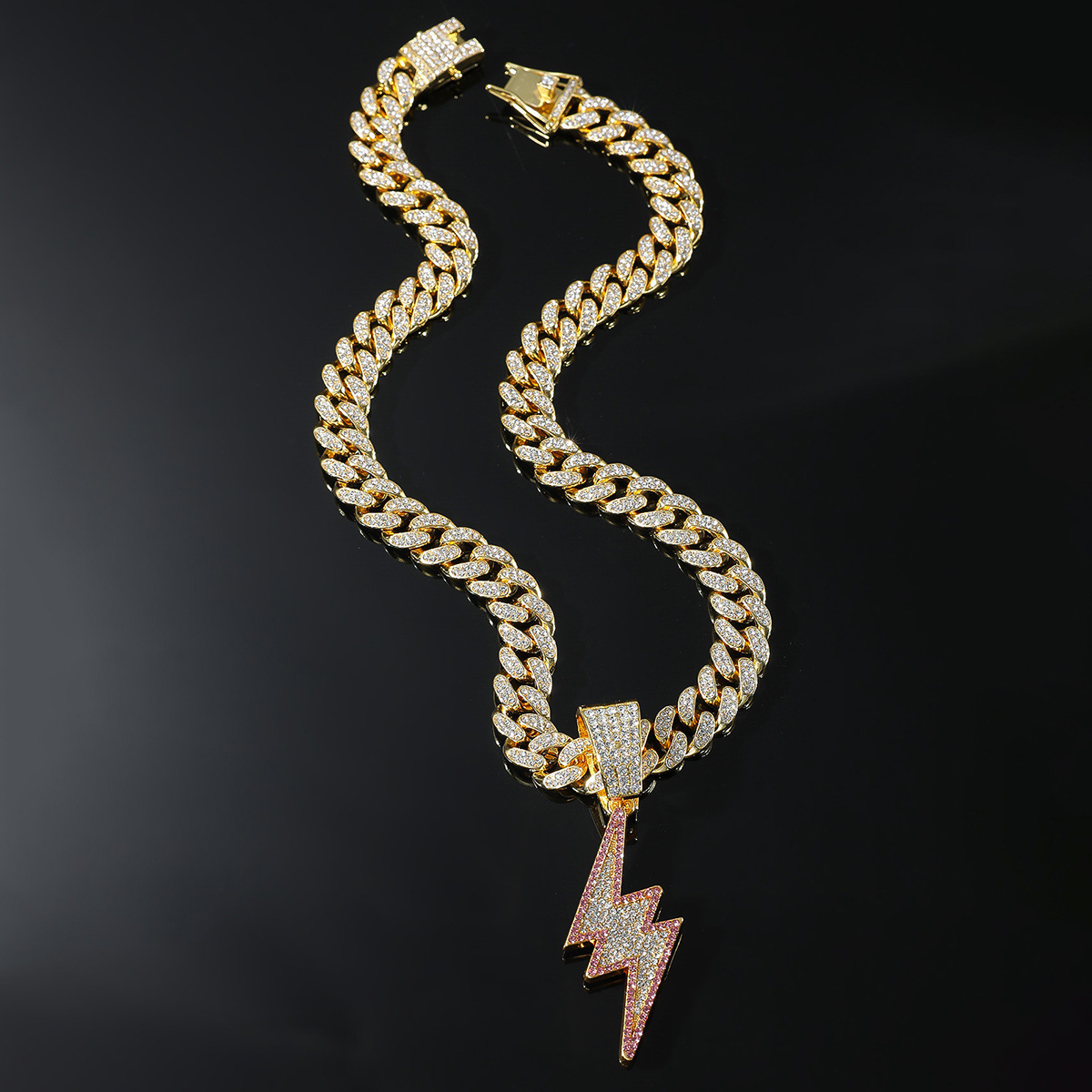 Luxury Jewelry Designer Jewelry Trendy Men's Cool Two-tone Diamond Lightning Large Pendant Necklace Shiny Diamond Hip-hop Street Dance Rap Style 