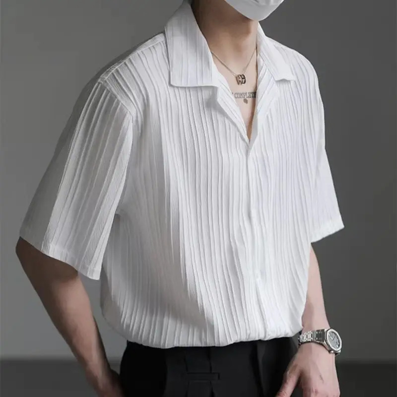 Mens Shirt Black Loose Short Sleeve Male Shirts with Collar High Quality Sleeves Silk in Vintage Slim Fit 250707