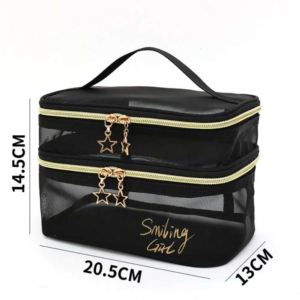 Double-Layers Black Mesh Cosmetic Bag Travel Portable Large-Capacity Makeup Case Organizer Storage Pouch Zipper Toiletry Bags
