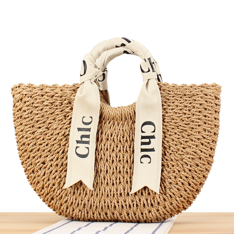 2025 Summer Straw Woven Bag Women Large Capacity Weaving Handbags with Scarf Handmade Knitted Ladies Shoulder Bag Beach Tote Bag