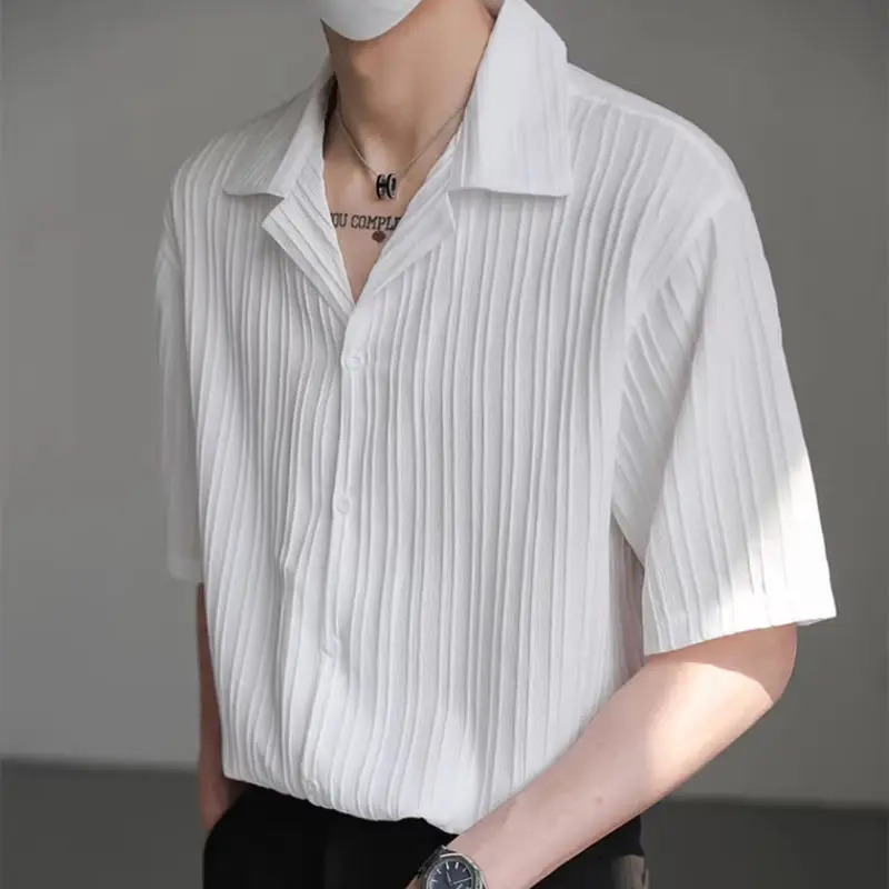 Mens Shirt Black Loose Short Sleeve Male Shirts with Collar High Quality Sleeves Silk in Vintage Slim Fit 250707