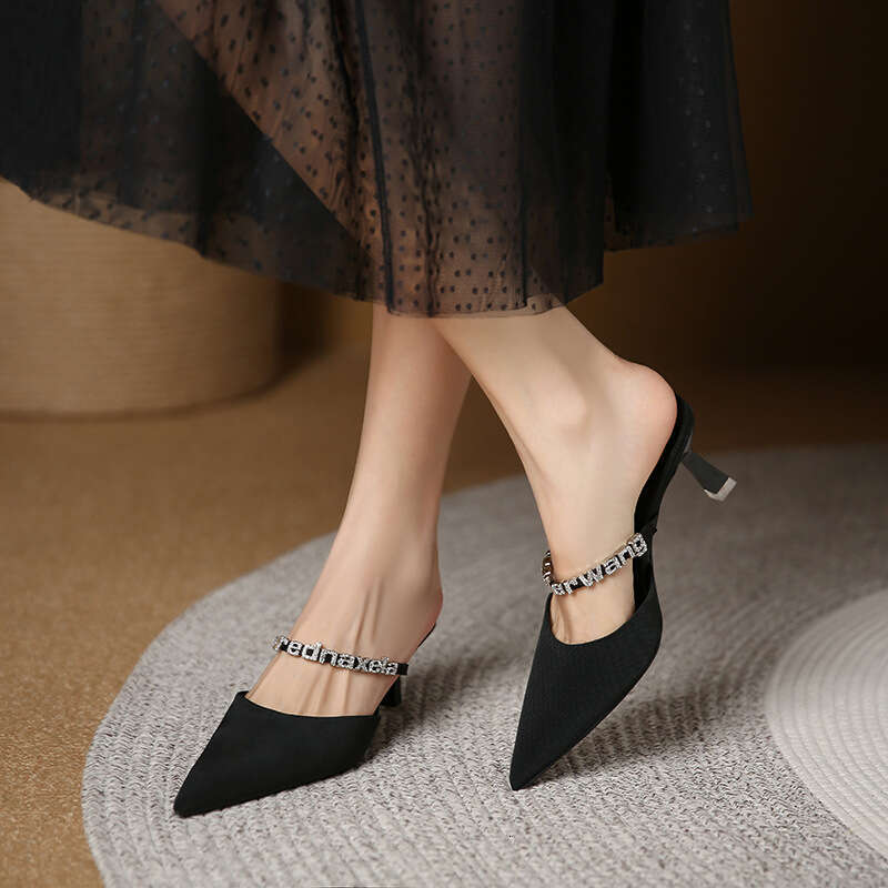 699-19 Peep Half Slippers for Women 2023 New Style Elegant Rhinestone Outdoor High Heels Pointed Toe Stiletto Women's Shoes