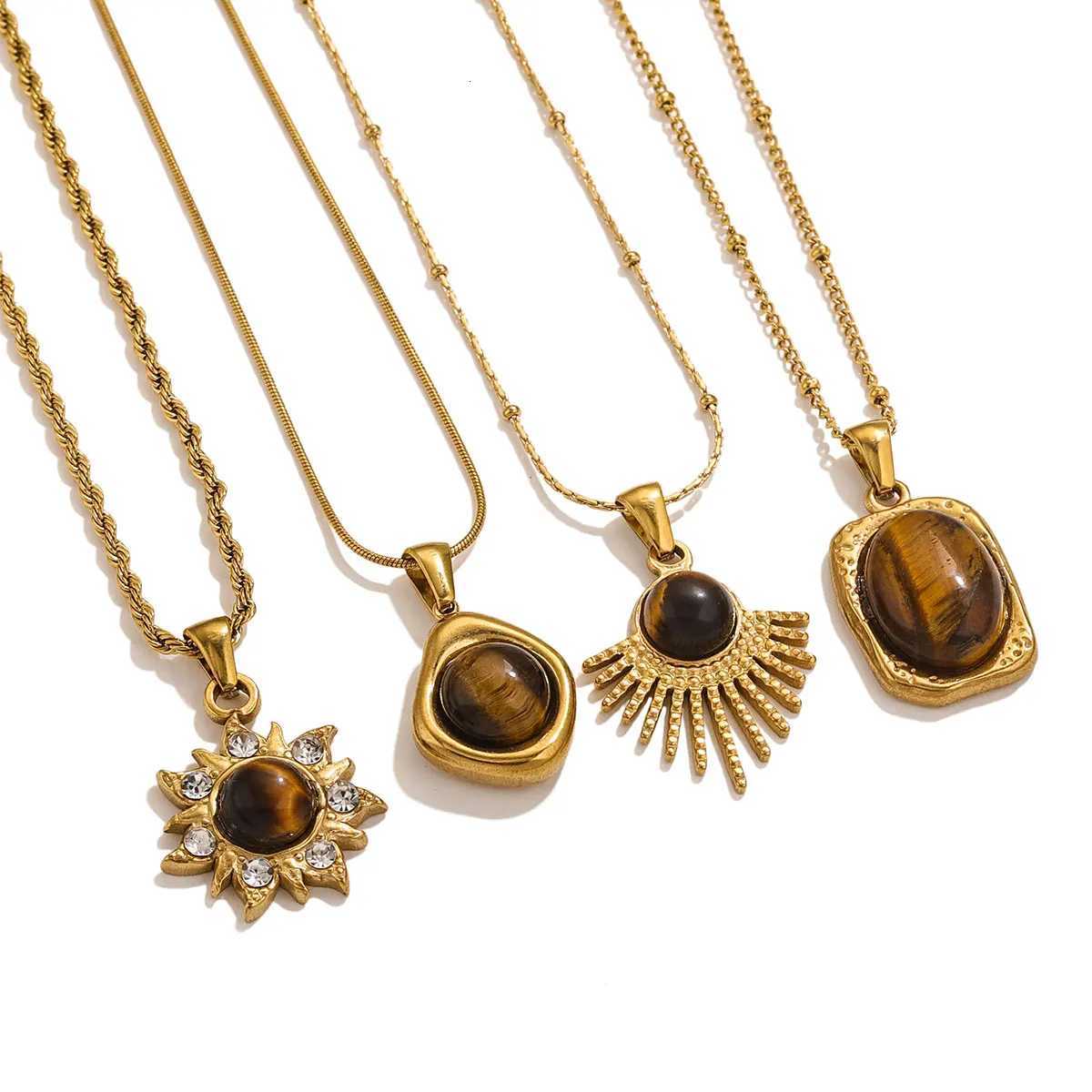 1 PCS Stainless Steel Brown Tiger Eye Stone Pendant Necklace for Women Men Vintage Fine Sweater Chain Jewelry Accessories 2024 W250712