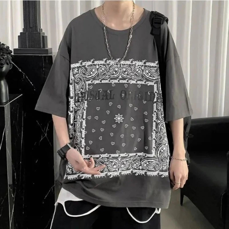 High Street Mens Printing Plus Size Tops Summer Short Sleeve Loose Youth Street Casual T Shirts Fashion Korean Men Clothing 250711
