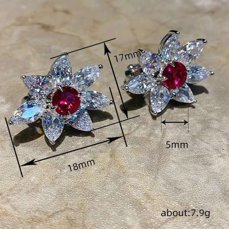 Exquisite Flowers Design Ruby Red Crystal Silver Plated Earring for Wedding Engagement Cubic Zircon Hoop Earrings Women