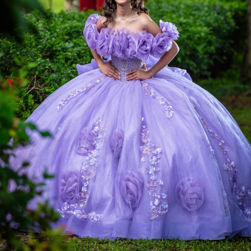 Lavender Shiny Quinceanera Dresses Ball Gown Off The Shoulder Applique Flower Beading Crystal Bow Tull Corset Party Birthday Sweet 16 Dress Vestidos 1