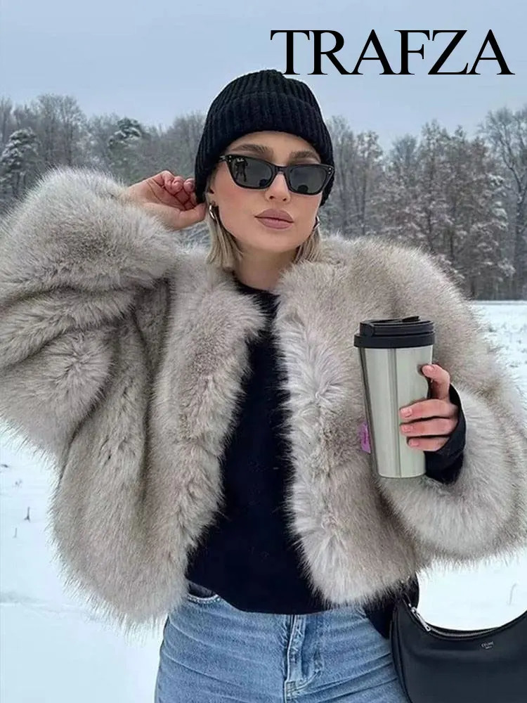 TRAFZA Womens Winter Streetwear Faux Fur Effect Short Jacket Coat Retro Solid Color O Neck LongSleeve Womens Loose Thermal Top 250708