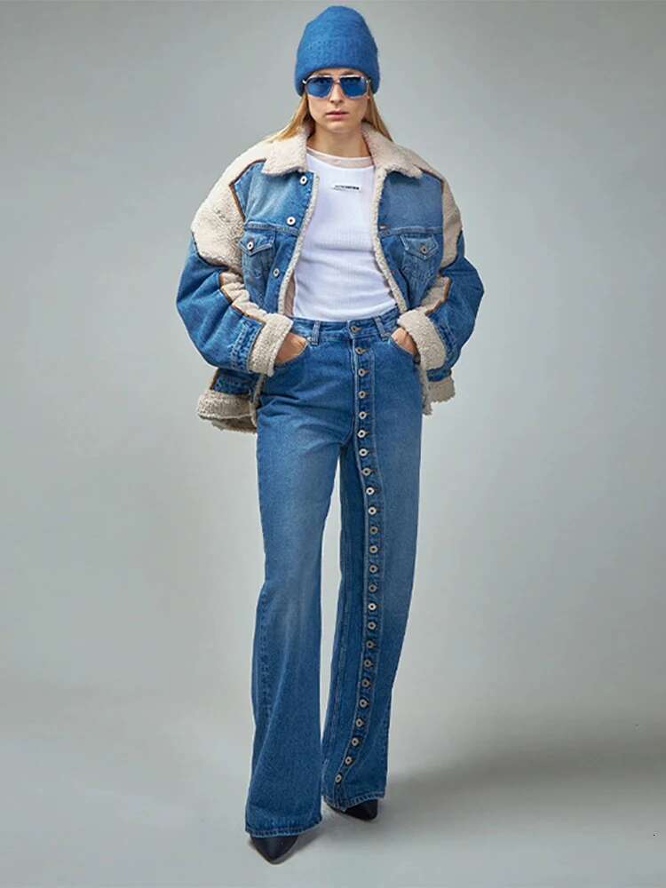 Multi-Breasted Washed Women Jeans Wide Leg High Waist Lady Pants 2025 Fashion Spring All Match Highstreet Design Female Trousers