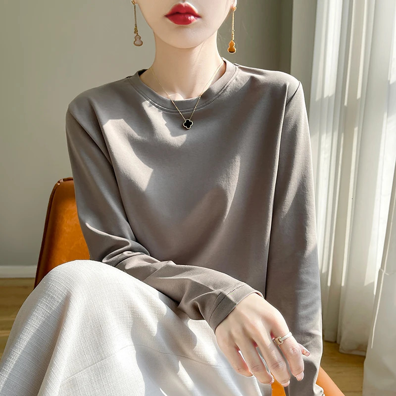 Spring Autumn 100% Cotton Long-Sleeved T-Shirt Womens Round Neck Mercerized Cotton Bottoming Shirt Loose Top 250707