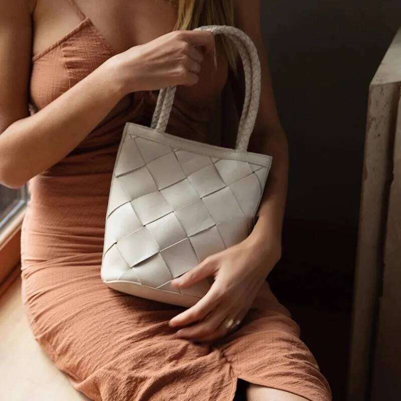Women Small Woven PU Leather Shoulder Bags Bucket Vintage Hollow Out Female Handbag Girl Totes Bag