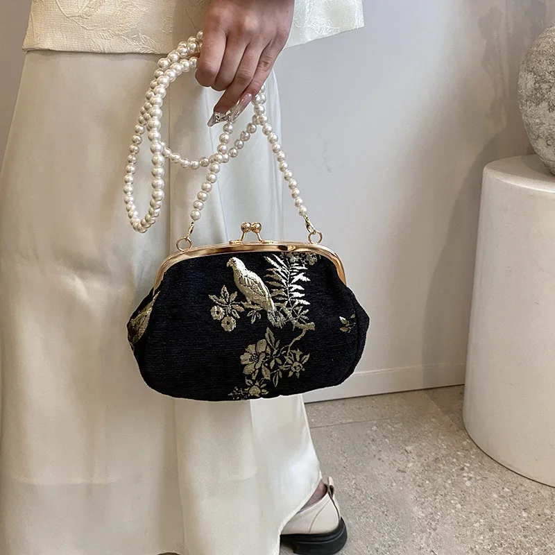 Retro Fashion Chinese Style Print Small Purses Clutch Vintage Black White Seashell Shoulder Bag For Women Party Pearl Handbag