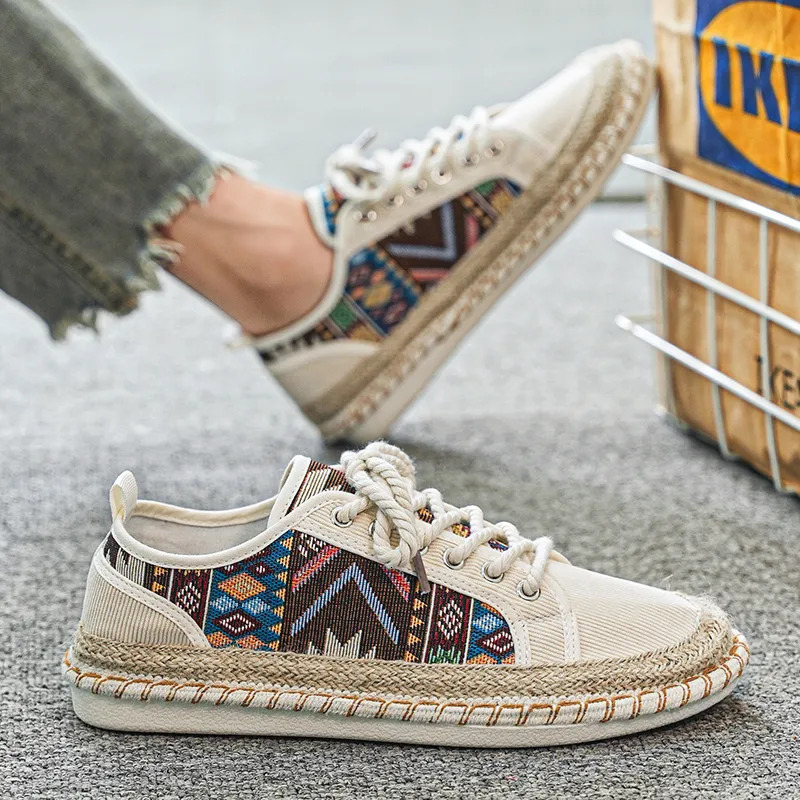 Ethnic Print Mens Fisherman Shoes Comfortable Breathable Men Canvas Shoes Lace-Up Flat Casual Shoes For Men Espadrilles Hommes 250712