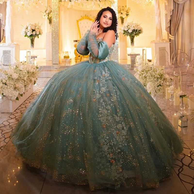 Water Blue Quinceanera Dresses Ball Gown Off The Shoulder Applique Lace Beading Crystal Tull Corset Party Birthday Sweet 16 Vestidos 15 De Anos