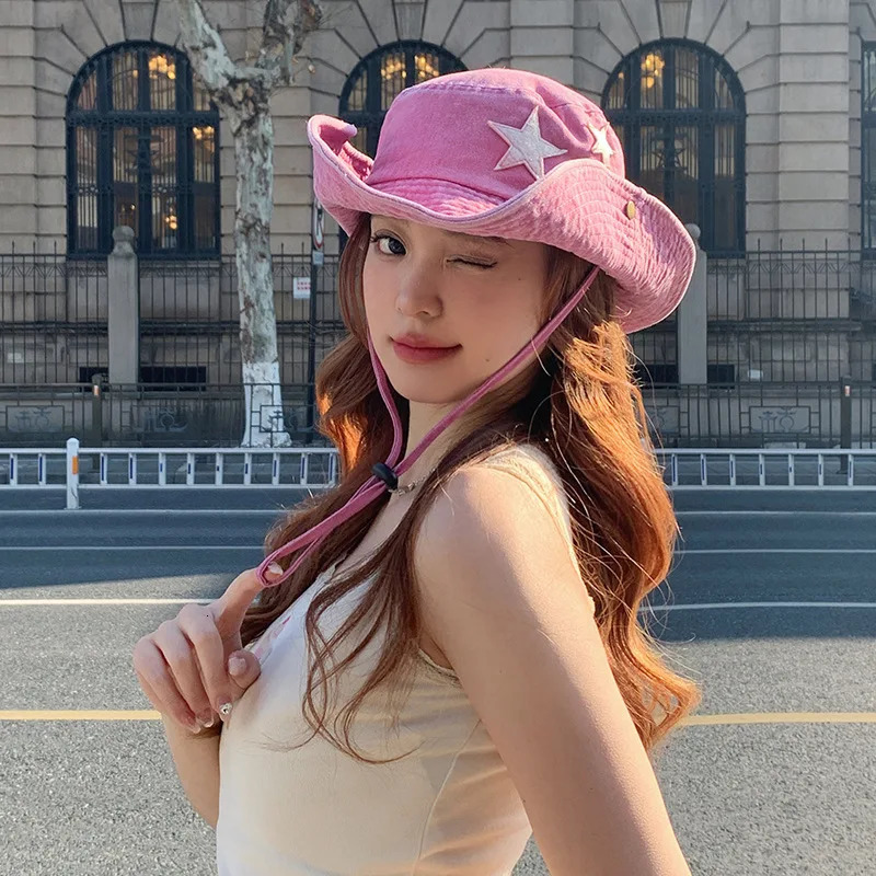 Cute Star Pink Bucket Hats Women Summer Outdoor Camping Sunscreen Western Cowboy Hat Korean Versatile Hiking Caps for Men 250711