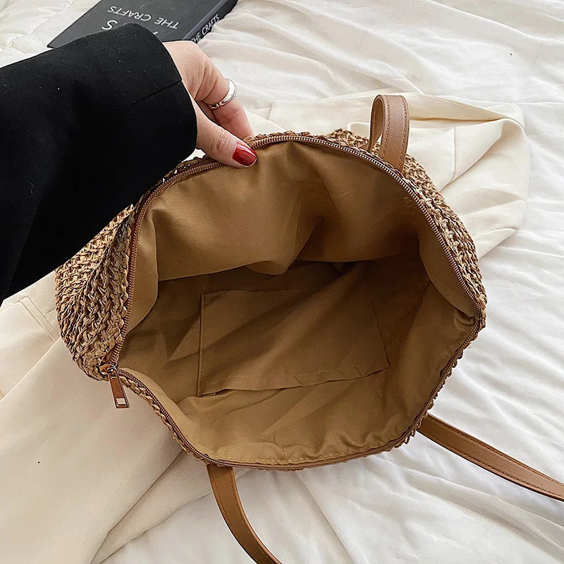 Summer Woven Shoulder Bag Women Beach Female Straw Knitted Handmade Large Capacity Handbag Purse Travel Tote Bags 250703