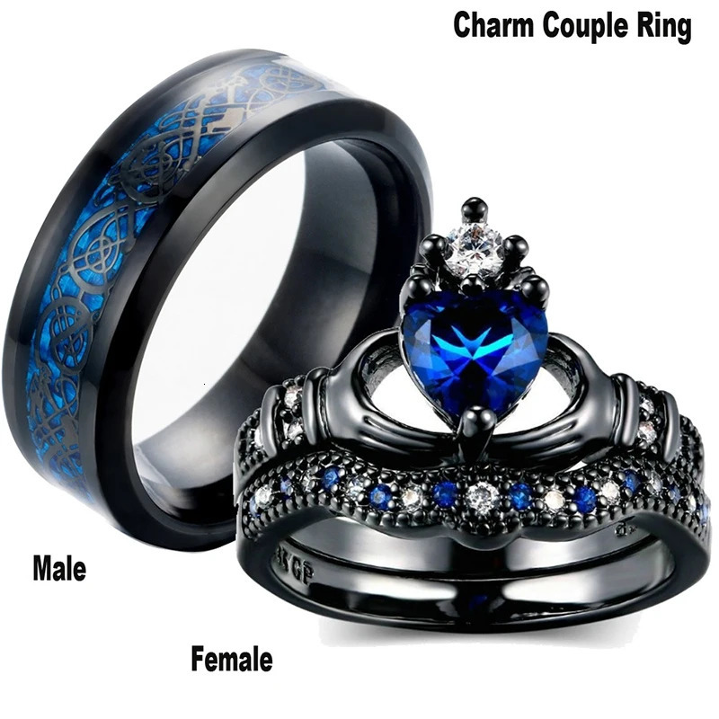 Charm Couple Ring Stainless Steel Black Mens Blue Zircon Ladies Set Valentines Day Wedding Metal 250704