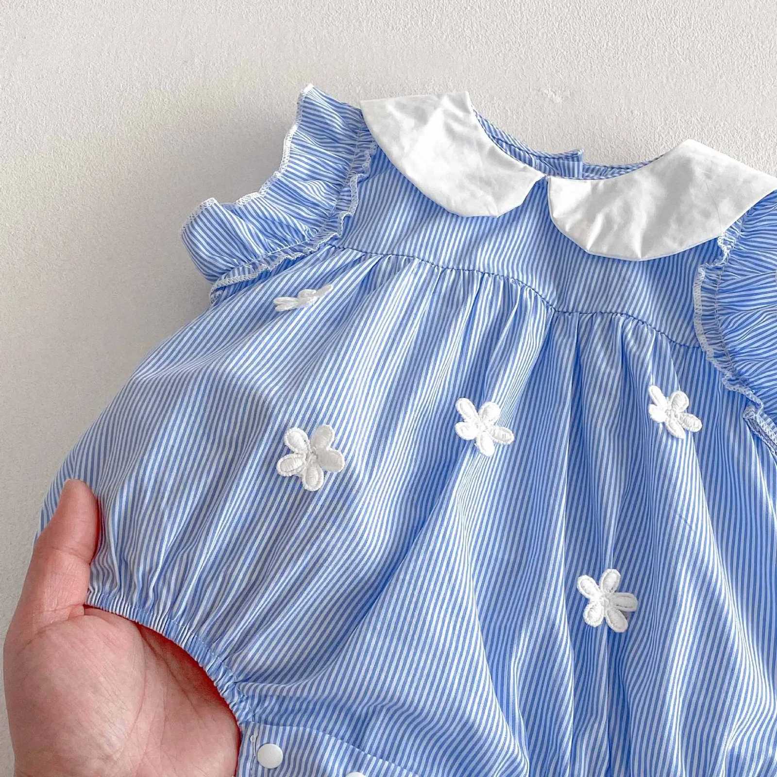 Baby Girl Summer Sleeveless Romper A-Class Cotton Blue White Stripe Peter Pan Collar Flower Applique Fresh Sweet Bodysuit Z250712