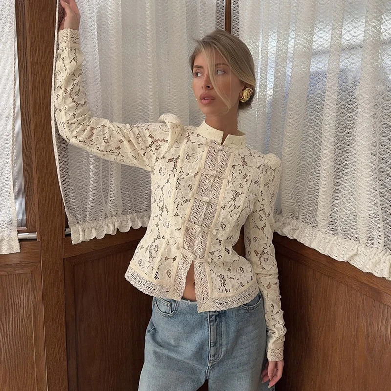Tornova Lace Hook Flower Womens Shirt Fashion Commuting Long Sleeve Cardigan Top Retro Slim Stand Collar Lady Blouses 250712 - view 4