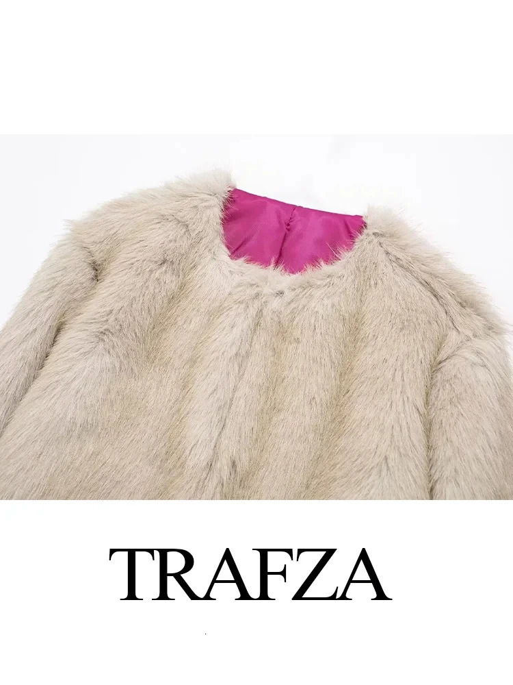 TRAFZA Womens Winter Streetwear Faux Fur Effect Short Jacket Coat Retro Solid Color O Neck LongSleeve Womens Loose Thermal Top 250708