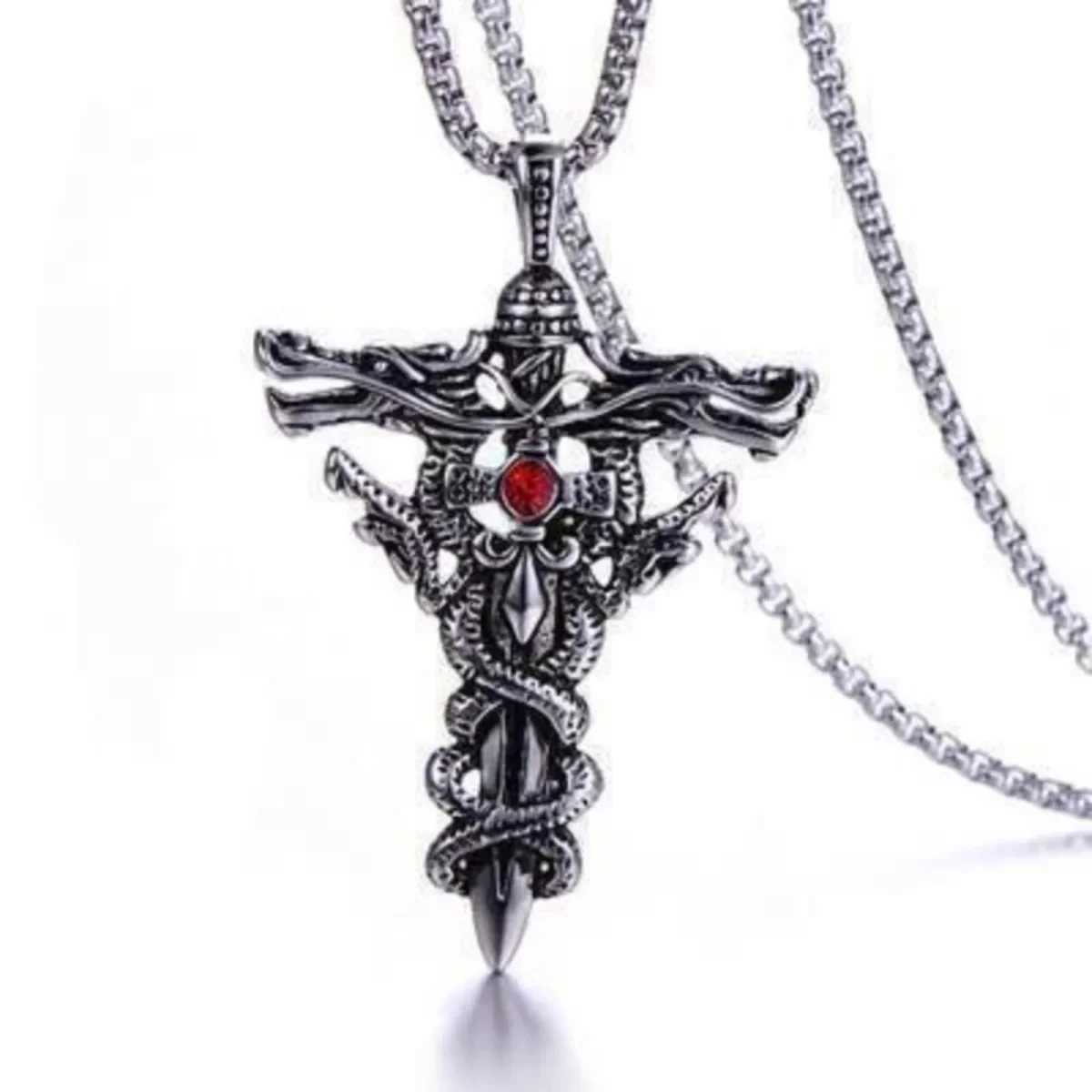 Mens Punk Necklace - Titanium Steel Gothic Dragon Sword Evil Eye Cross Pendant Vintage Dark Jewelry Gift W250712