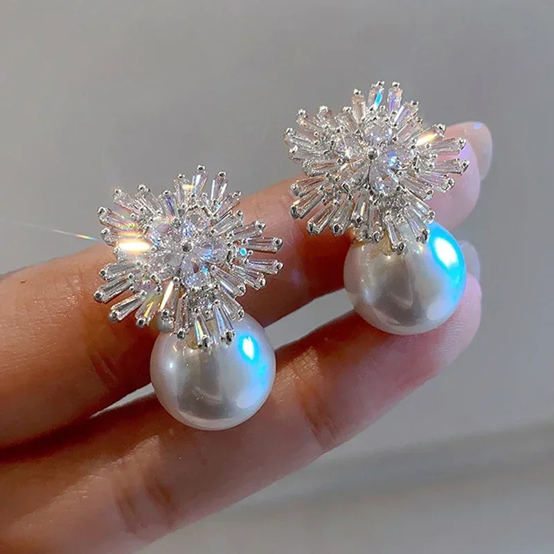 Graceful Female Wedding Earrings with Bright Zirconia Elegant Simulated Pearl Jewelry for Engagement Accessories 250708