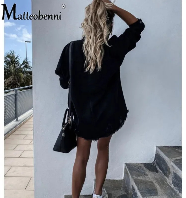 2024 Fall Womens Long Sleeve Denim Shirt Fashion Ripped Midlength Jeans Buttons Tops Boyfriend Loose Shirts 250704