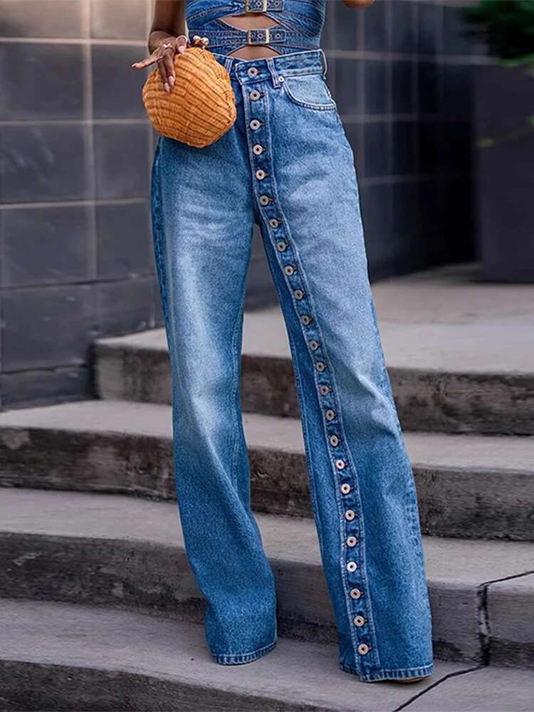 Multi-Breasted Washed Women Jeans Wide Leg High Waist Lady Pants 2025 Fashion Spring All Match Highstreet Design Female Trousers