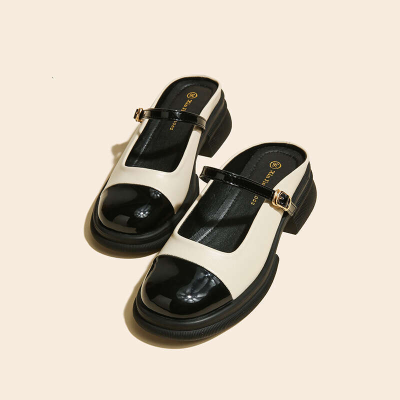 Q1-1 Color Block Mary Jane Shoes for Women British Style Shallow Mouth Niche Design Backless Closed Toe Chunky Heel Slippers