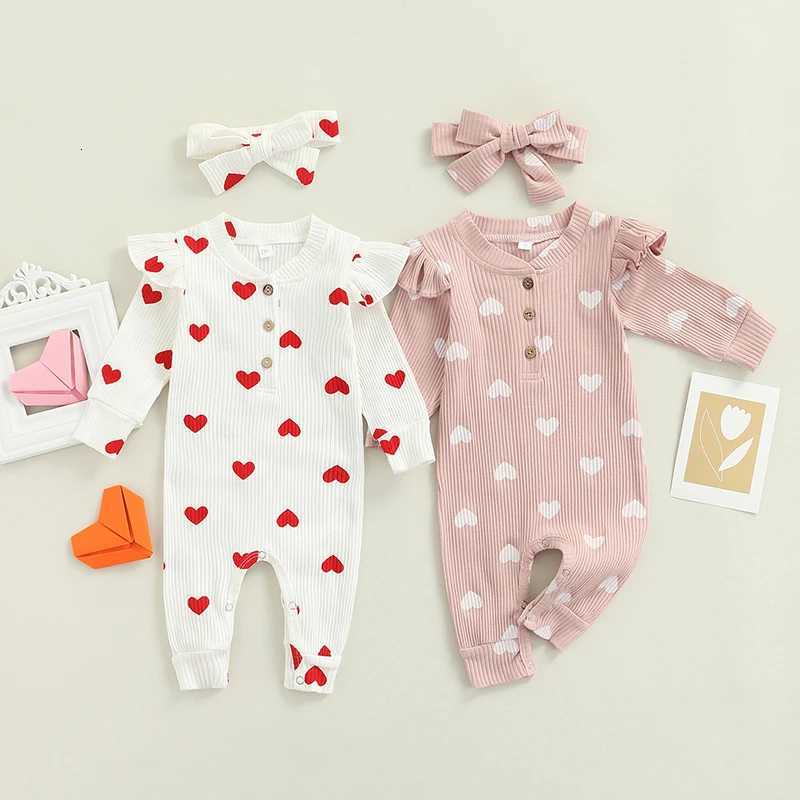 Newborn Baby Girls Valentines Day Romper Ruffle Ribbed Bodysuit Heart Jumpsuit with Headband Valentine Outfits 0-18M Z250712