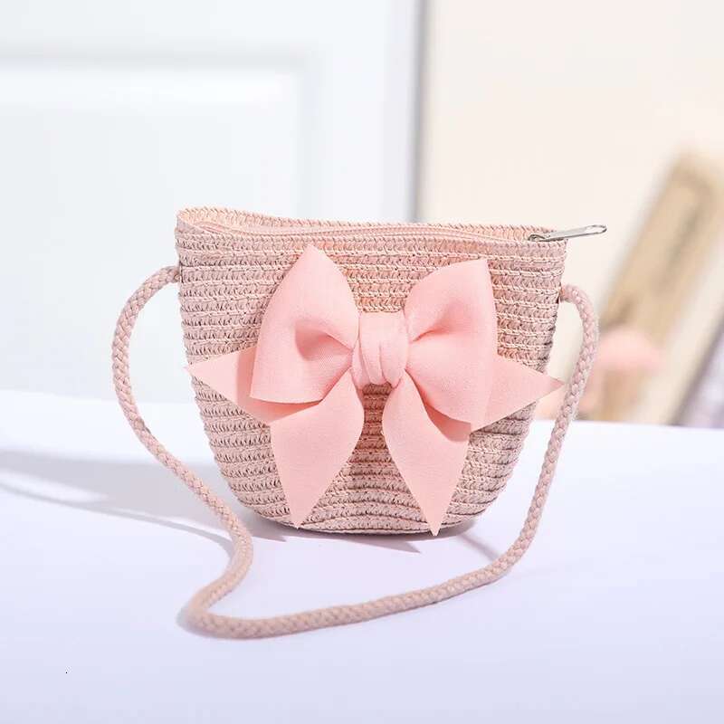 New Pink Bow Girl Zipper Woven Straw Kids Princess Messenger Outdoor Travel Keys Candy Crossbody Bags