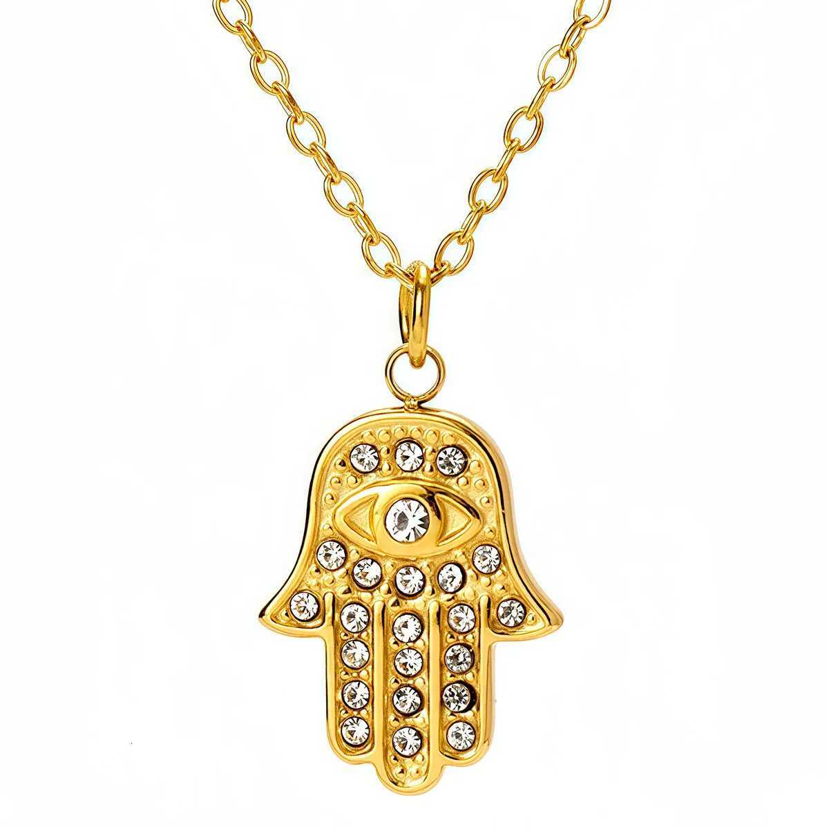 Waterproof Stainless Steel Devil Eye Hamsa Hand Charm Necklace 14K Gold Color Dainty Pendant Choker Jewelry For Women Daily Wear W250712
