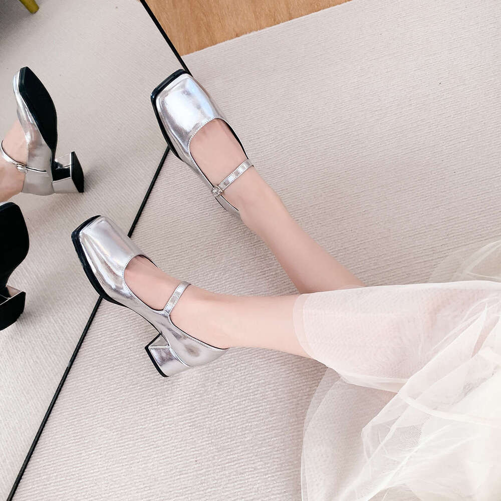 T8-8 Gold One-Word Buckle Mary Jane for Women, New Autumn Style, Chunky Heel Square Toe Shoes, Silver Mid-Heel Women's Shoes