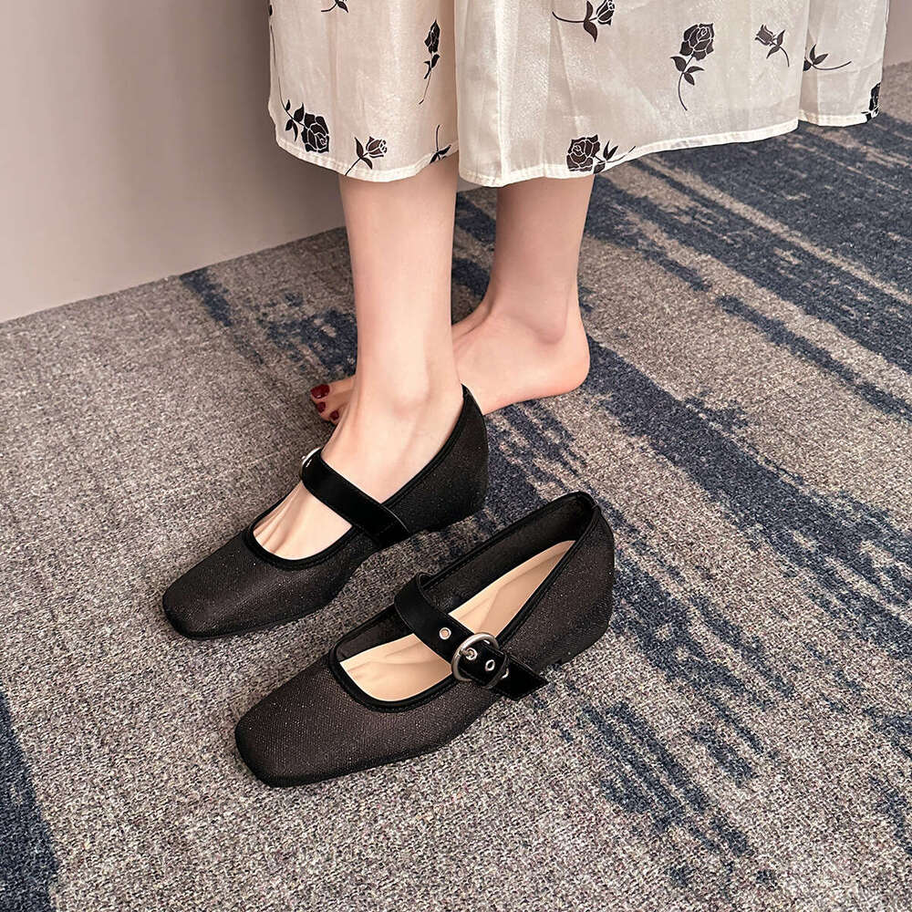 796-12 French Style Belt Buckle Mid-Heel for Women Spring Sequin Patchwork Mesh Hidden Heel Single Mary Jane Shoes