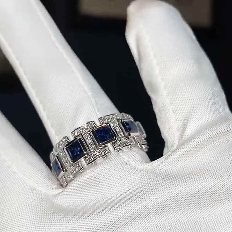 2025 Choucong Ins Top Sell Sparkling Vintage Jewelry 18K White Gold Fill Princess Cut Blue Sapphire CZ Diamond Promise Party Women Bridal Ring Gift