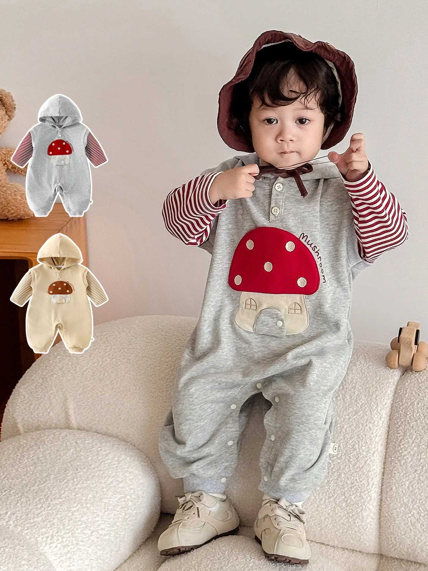 0-2Y Baby Hooded Retro Woodland Romper Fake Two-Piece Striped Mushroom Applique High Cotton Soft Autumn Toddler Jumpsuit Z250712