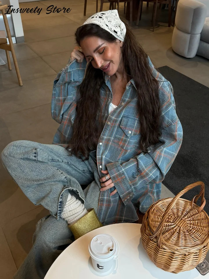 Denim Plaid Shirt Coat Womens Loose Single Breasted Turndown Collar Full Sleeve Tops 2025 Spring Ladies Fashion Streetwear 250704