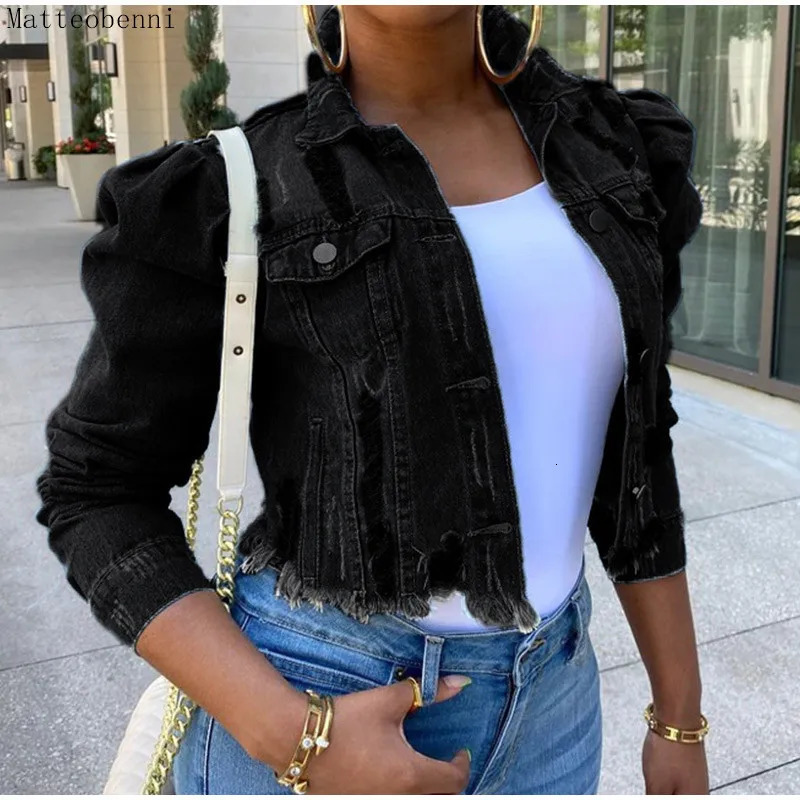 Autumn Women Sexy Ripped Denim Jackets Vintage Casual Short Jean Jacket Puff Sleeve Winter Female Coat Streetwear 250708
