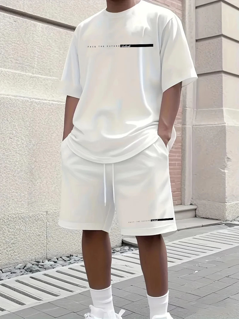 Summer Mens 100% Cotton Casual Loose Version Large Letter Printed T-Shirt Shorts Two-piece Set High Street Neutral Style 250711