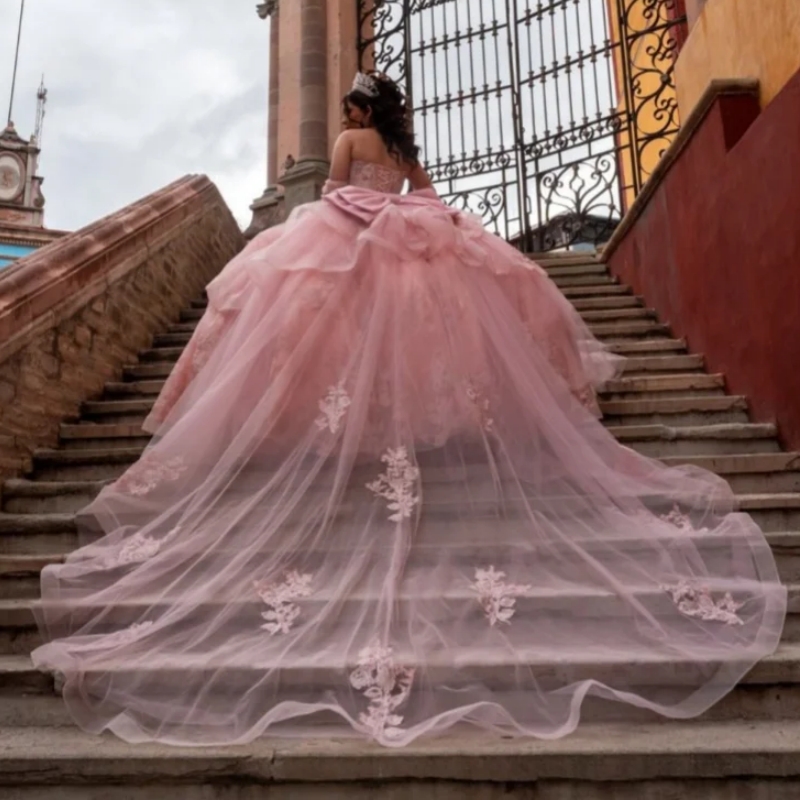 Pink Quinceanera Dresses Off the Shoulder Lace Applique Beading Layering Long tail 3D Flower Bow Vestido 15 De Anos Sweet 16 Dress