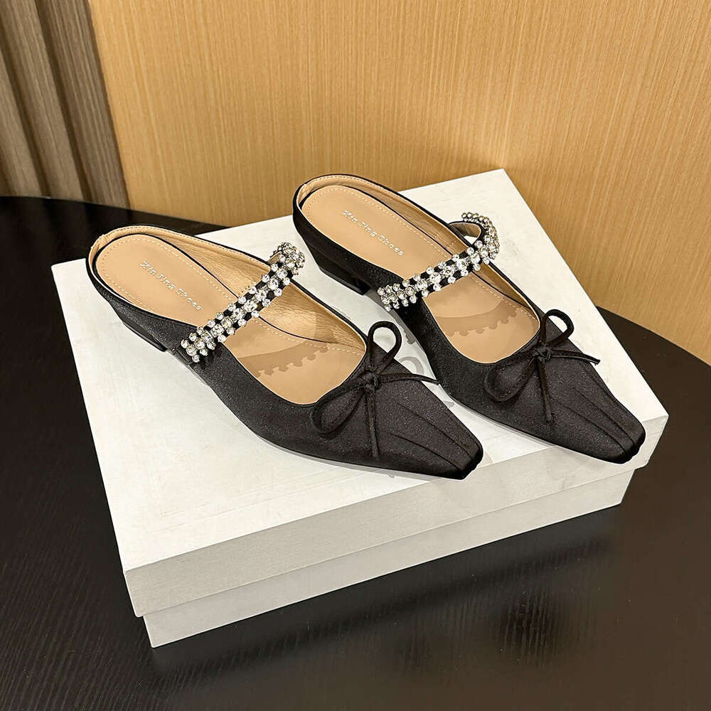 317-2 French Style Fabric Rhinestone Square Mid-Heel New Bowknot Pleated Closed Toe Backless Single Shoes for Women