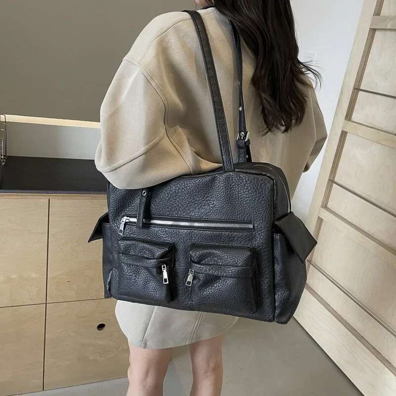 Women PU Leather Shoulder Multi-Pockets Underarm Solid Versatile Commuting Handbag Adjustable Strap Armpit Tote Bag