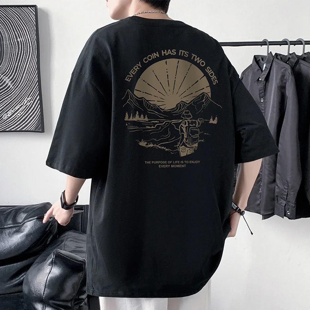 Mens Cotton Tshirt Front Back Print Half Sleeve Summer Loose Oversized Casual Oneck Male Tees 250707