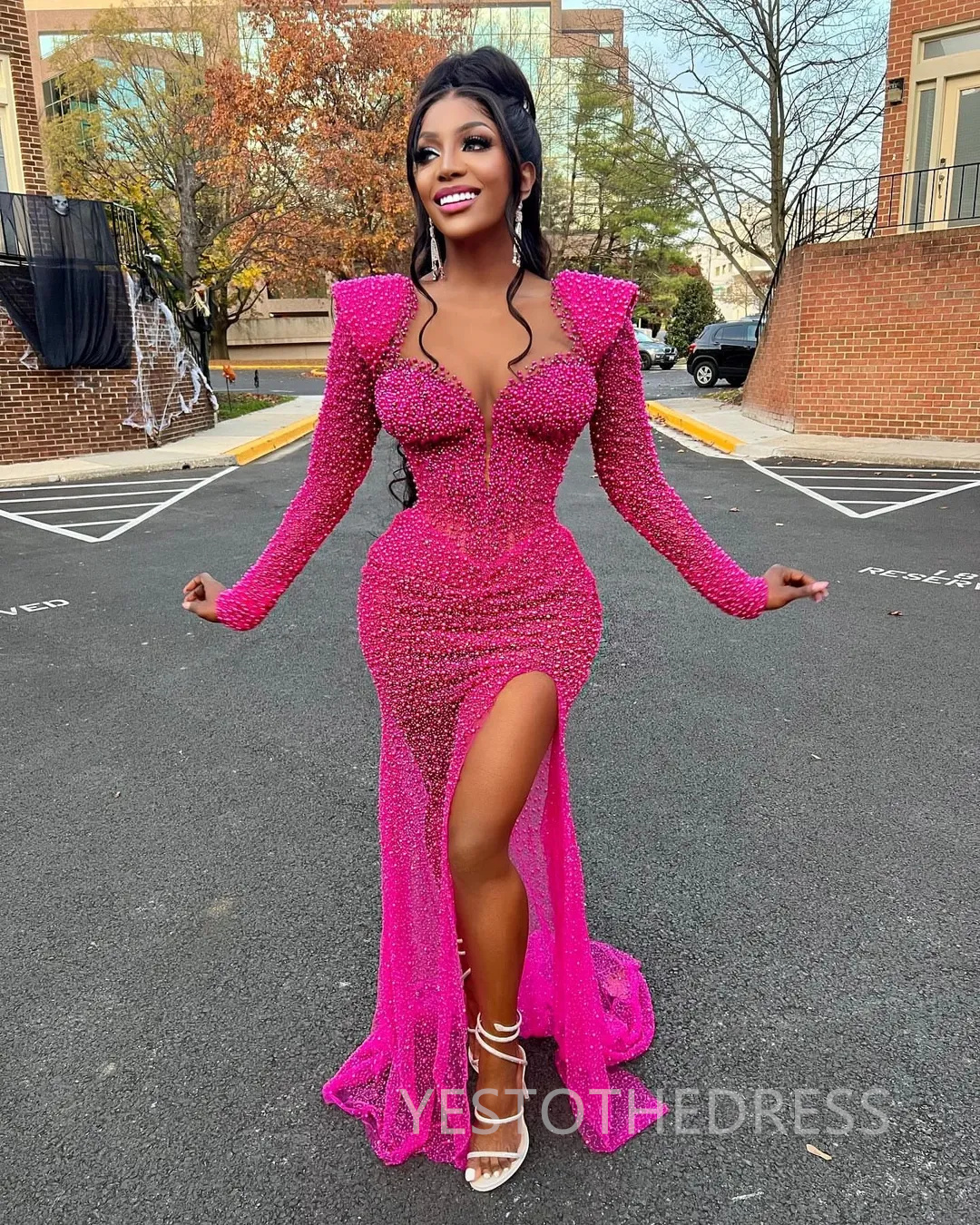 2025 Fuchsia Aso Ebi Prom Dress African Mermaid Prom Dresses Evening Formal Gowns Jewel Side Split Pearls Sequined Lace Birthday Dress Second Receptio